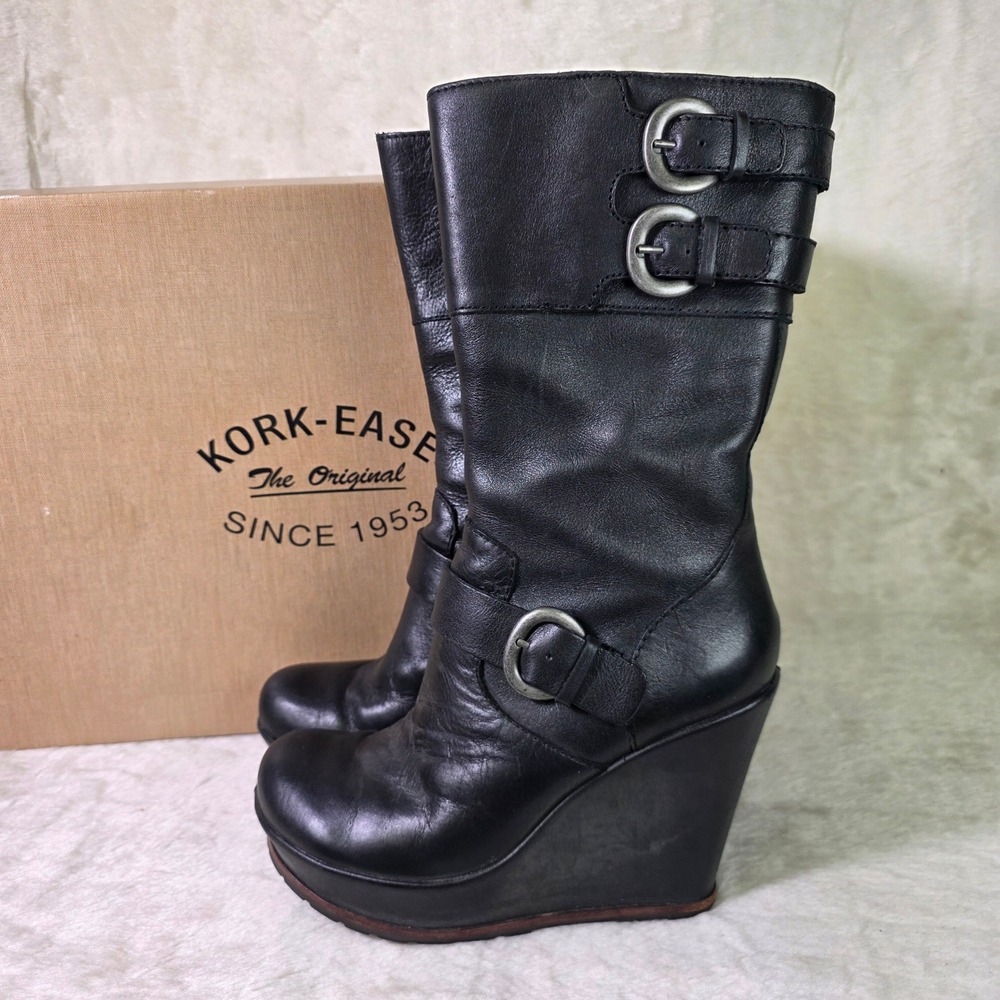 Kork-Ease Brooke Wedge Boots Platform Black Leather Buckle Mid Calf Womens 6.5